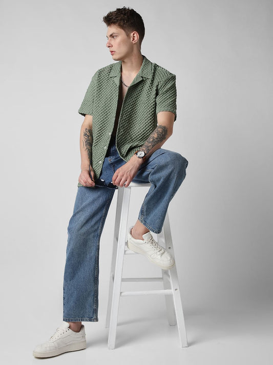 Asparagus Green Embossed Patterned Oversized Shirt