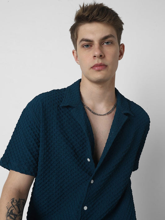 Teal Embossed Patterned Oversized Shirt