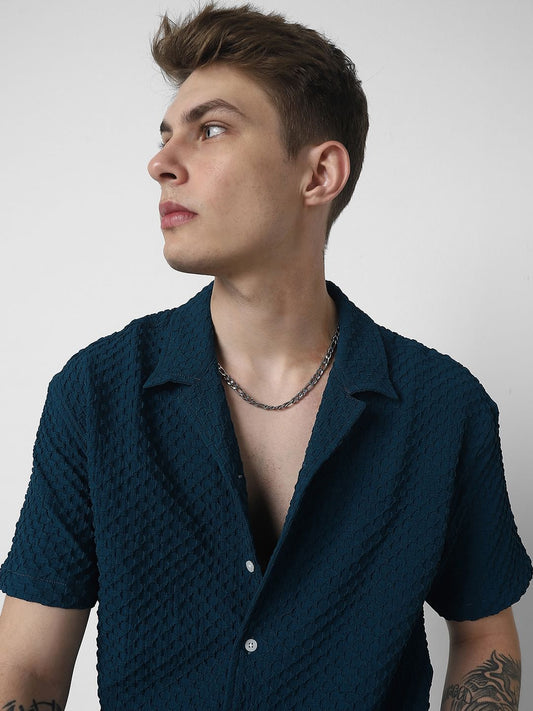 Teal Embossed Patterned Oversized Shirt