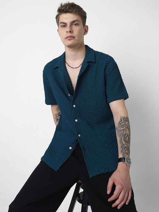 Teal Embossed Patterned Oversized Shirt