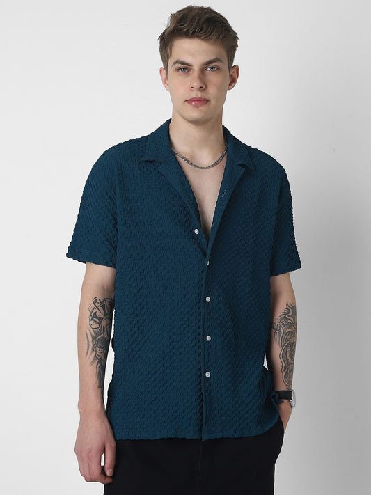 Teal Embossed Patterned Oversized Shirt