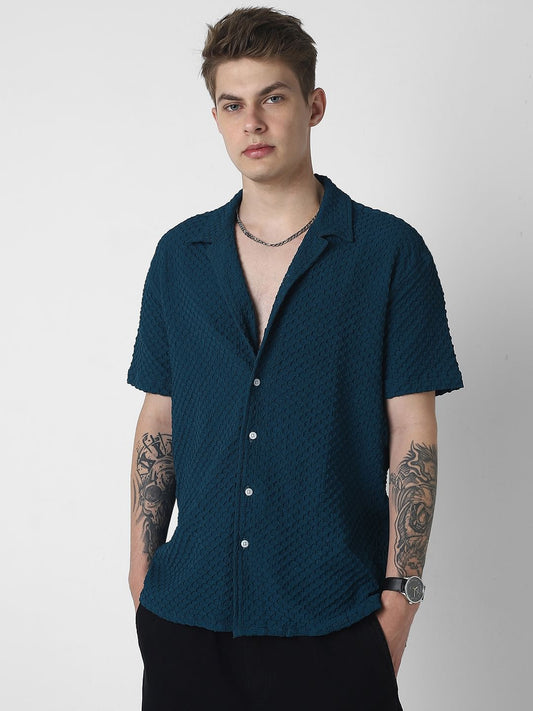 Teal Embossed Patterned Oversized Shirt