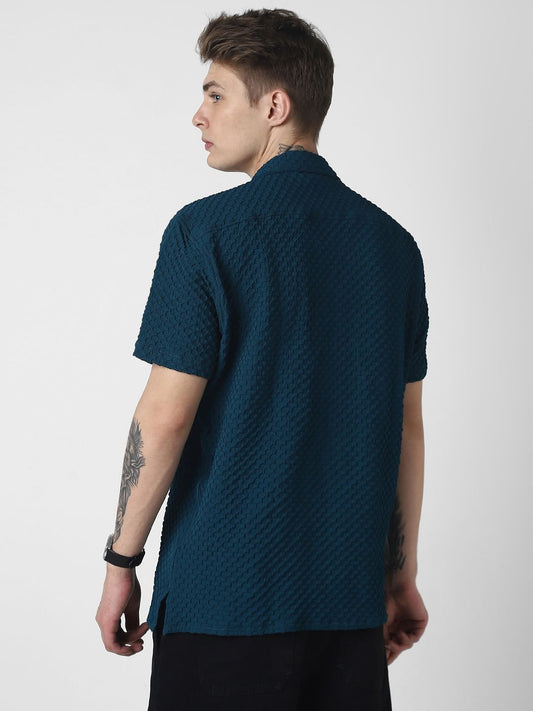 Teal Embossed Patterned Oversized Shirt