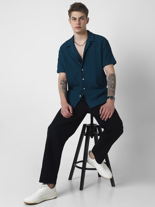 Teal Embossed Patterned Oversized Shirt