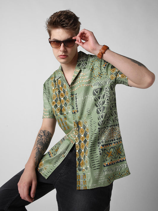 Green Indie Folk Printed Oversized Shirt