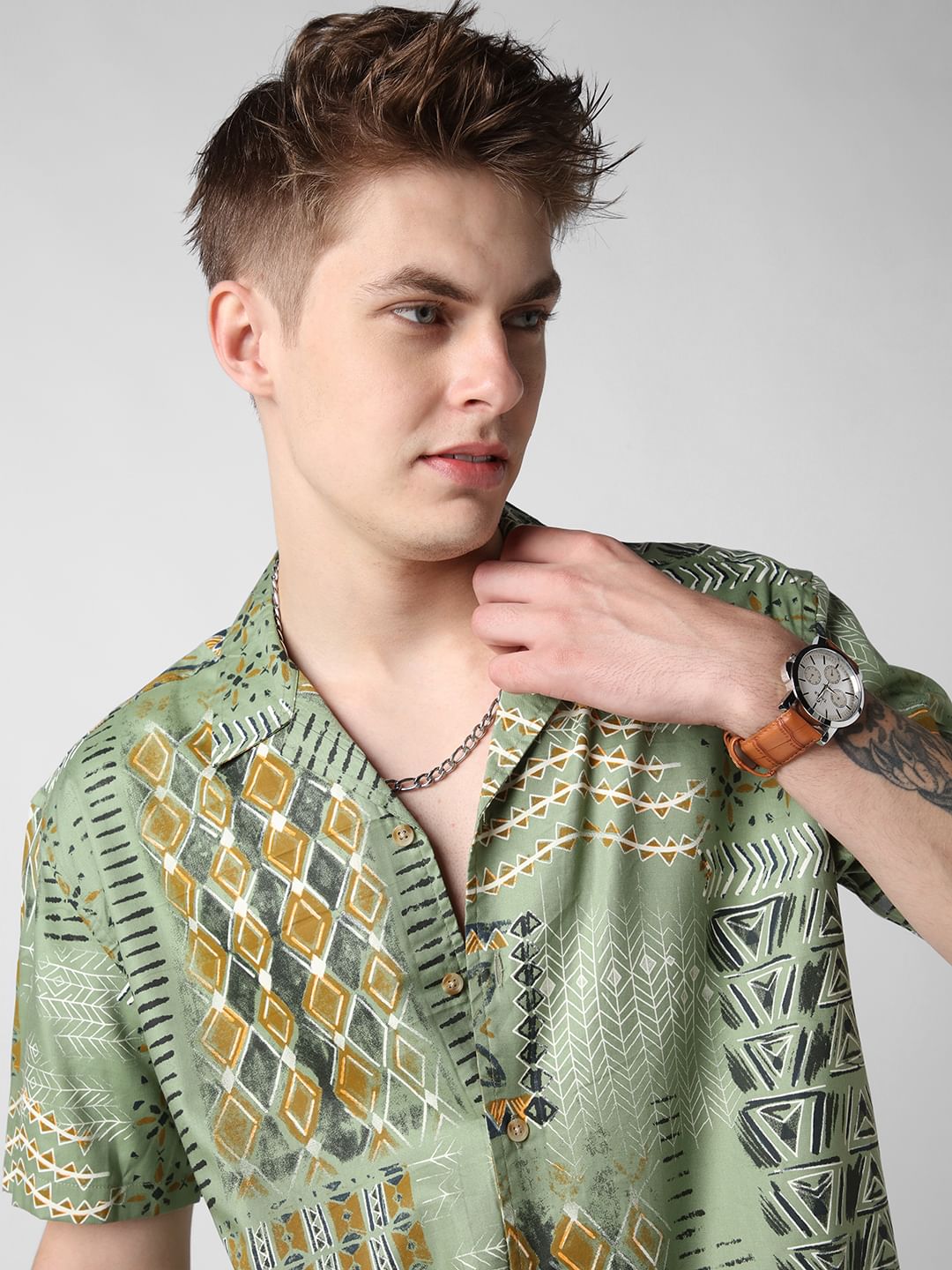 Green Indie Folk Printed Oversized Shirt