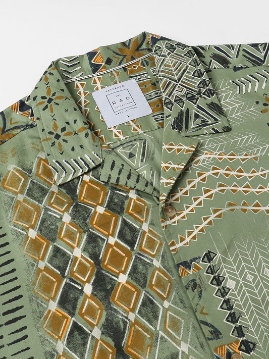 Green Indie Folk Printed Oversized Shirt