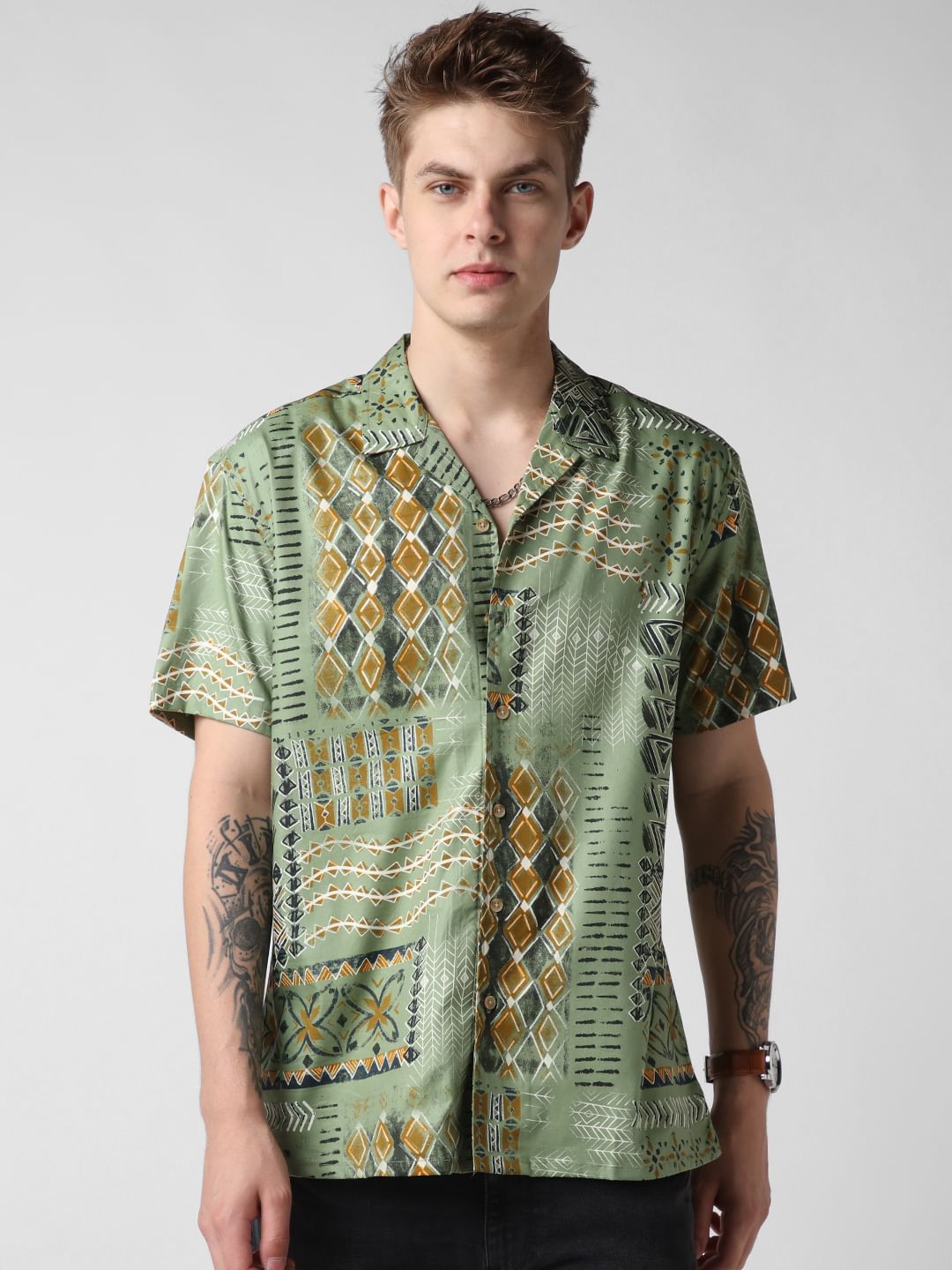 Green Indie Folk Printed Oversized Shirt