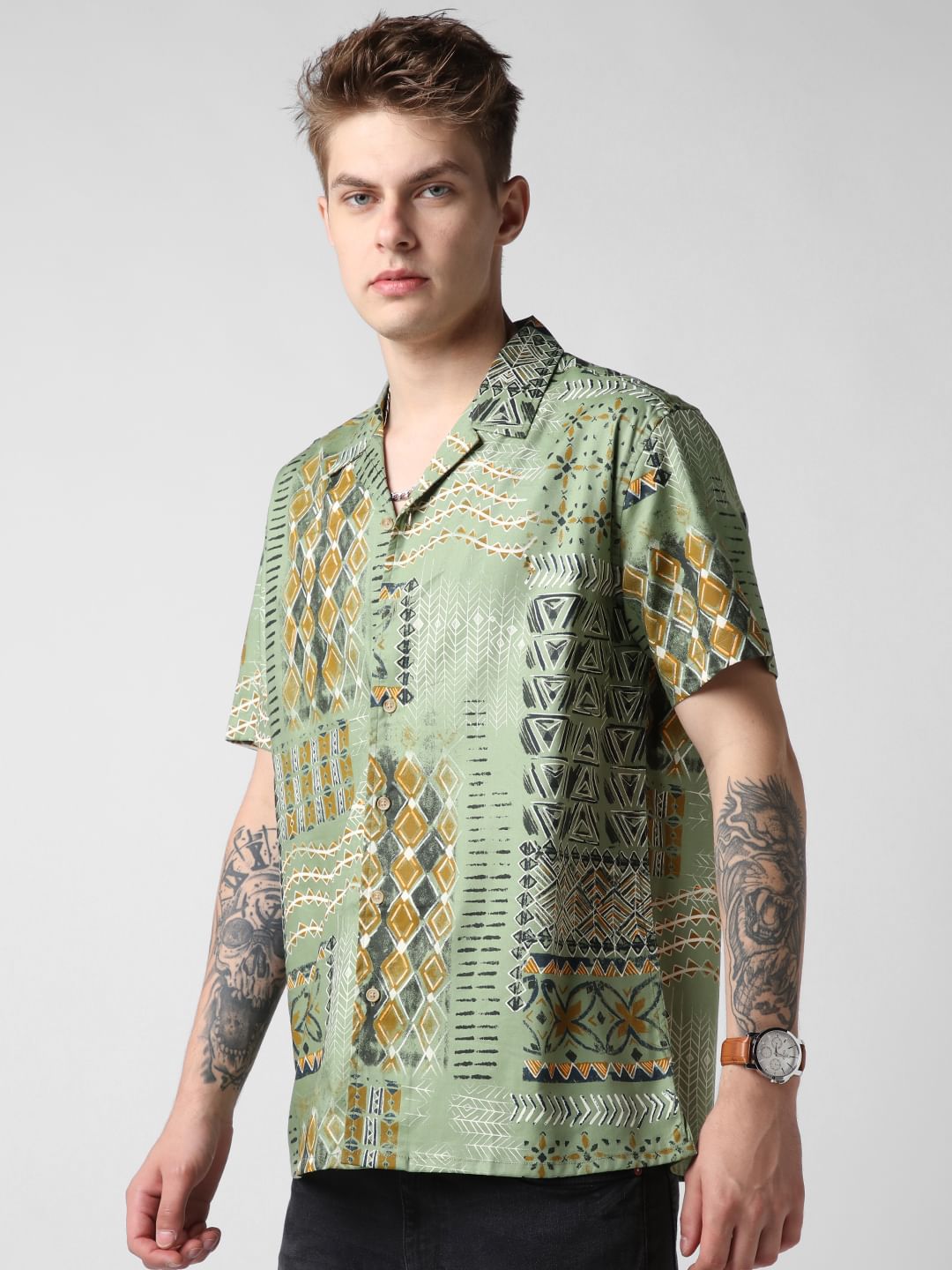 Green Indie Folk Printed Oversized Shirt