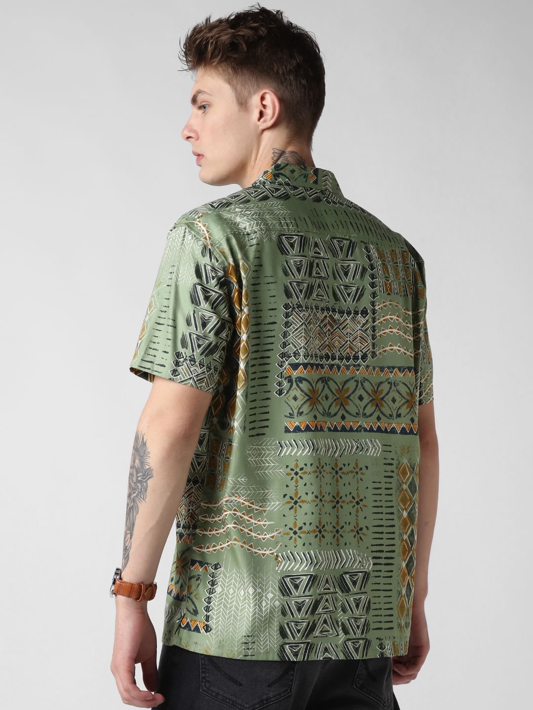 Green Indie Folk Printed Oversized Shirt