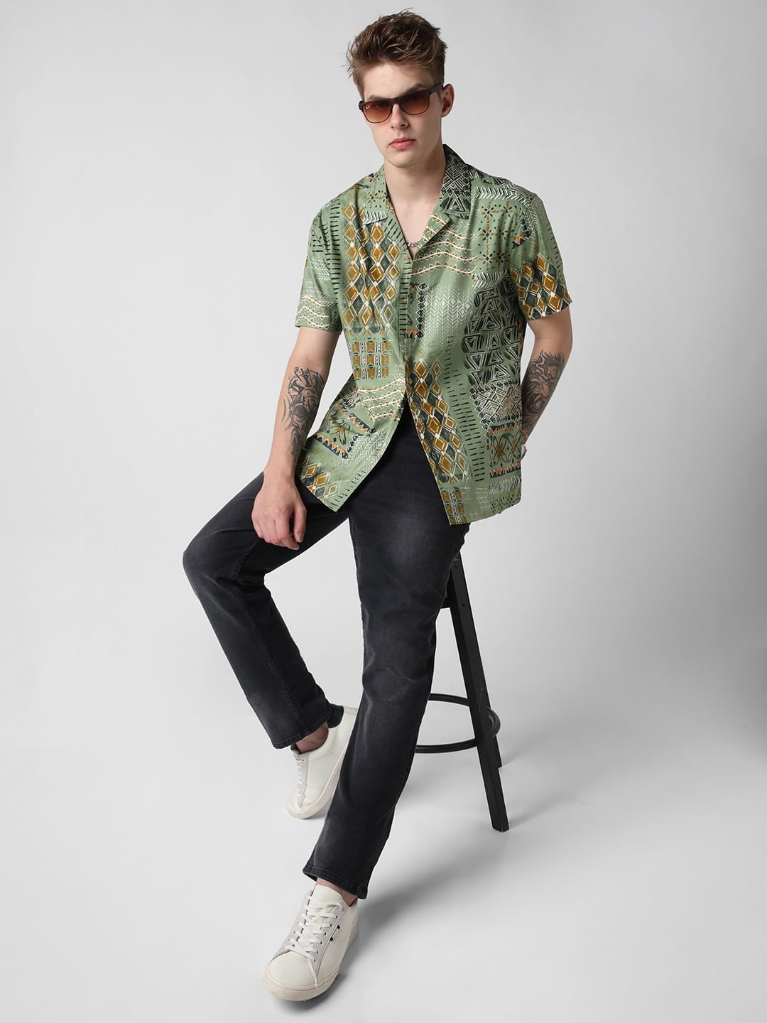 Green Indie Folk Printed Oversized Shirt