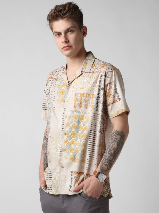 Beige Vintage Indie Folk Printed Oversized Shirt