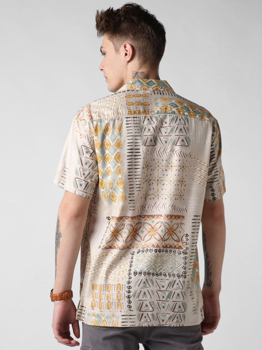 Beige Vintage Indie Folk Printed Oversized Shirt