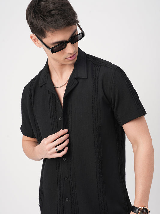 Black Self-Design Frayed Oversized Shirt