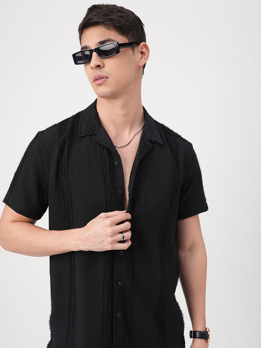 Black Self-Design Frayed Oversized Shirt