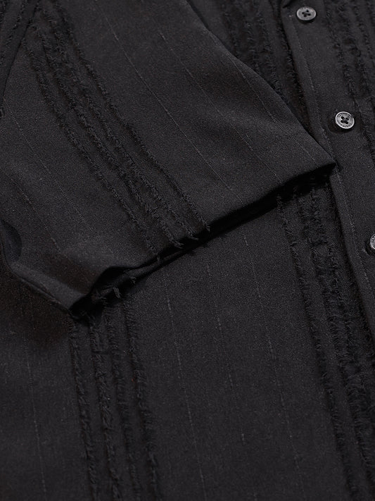 Black Self-Design Frayed Oversized Shirt