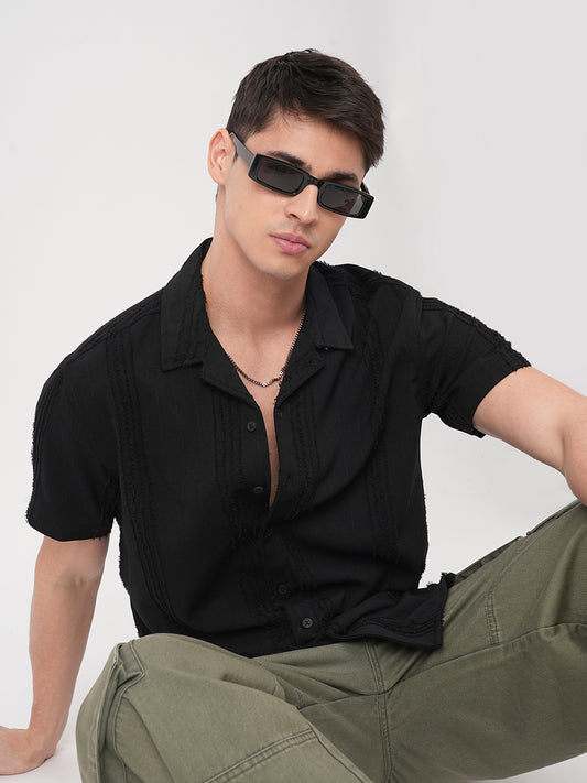 Black Self-Design Frayed Oversized Shirt