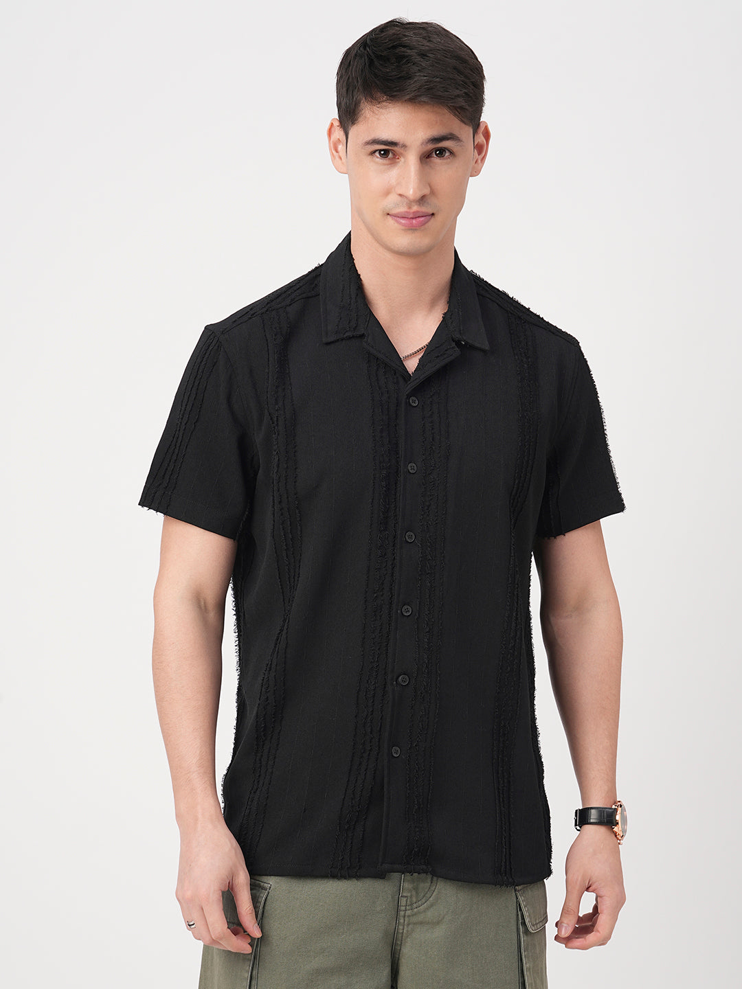 Black Self-Design Frayed Oversized Shirt
