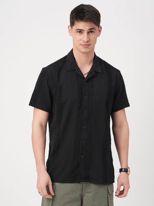 Black Self-Design Frayed Oversized Shirt