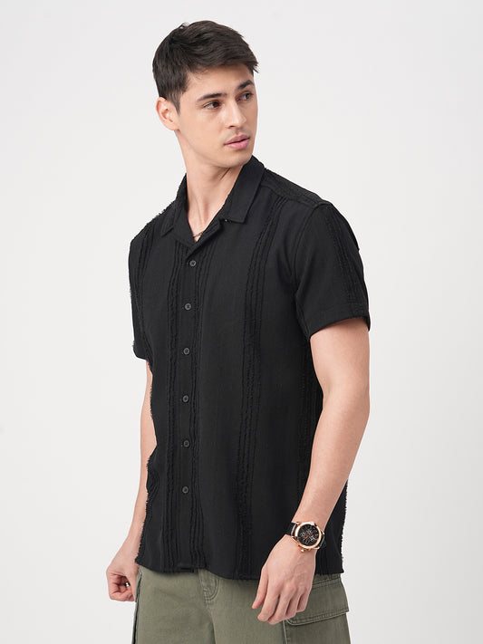 Black Self-Design Frayed Oversized Shirt