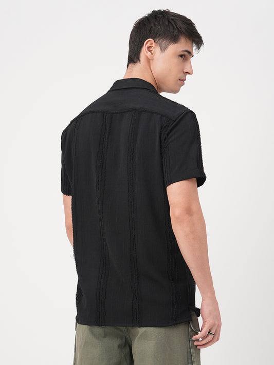 Black Self-Design Frayed Oversized Shirt