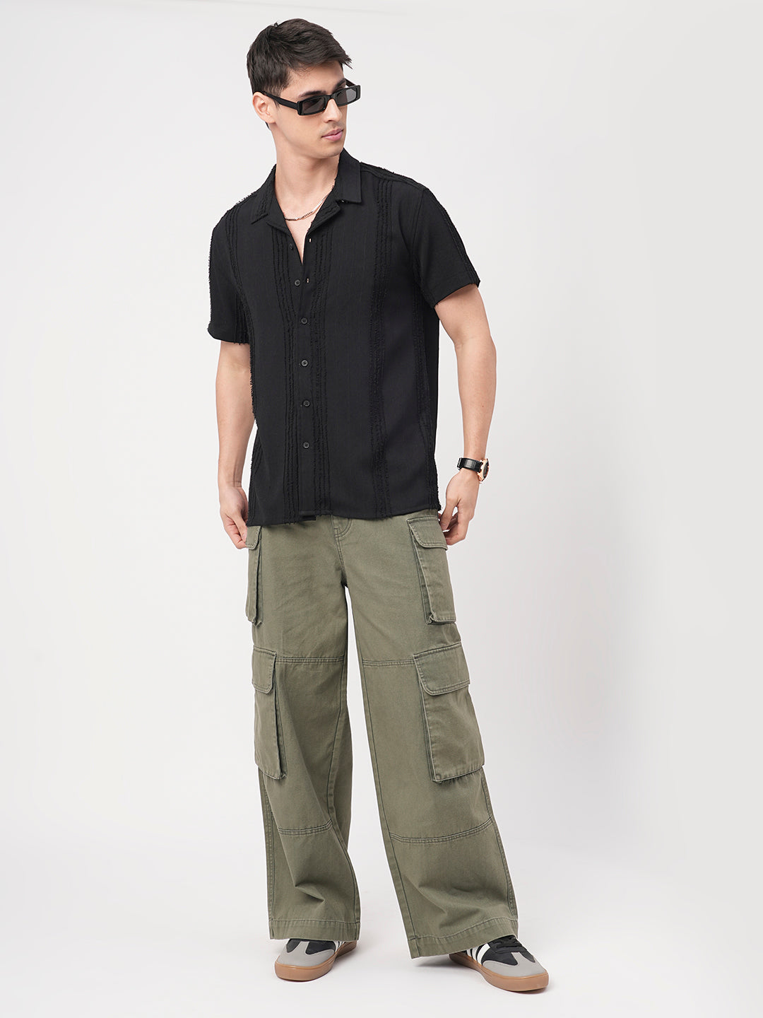 Black Self-Design Frayed Oversized Shirt