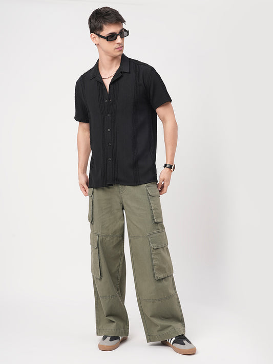 Black Self-Design Frayed Oversized Shirt