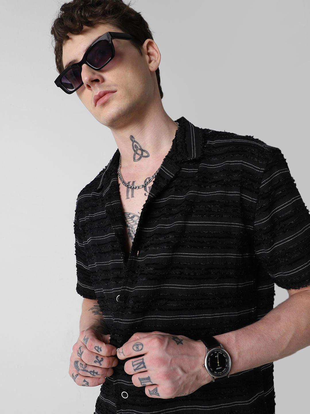 Black Even Stripe Frayed Oversized Shirt