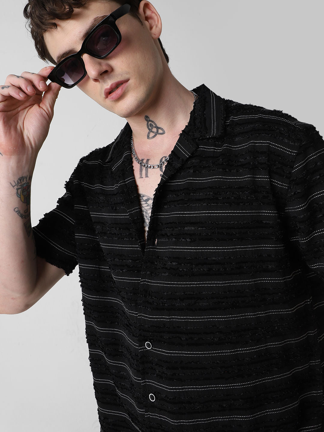 Black Even Stripe Frayed Oversized Shirt