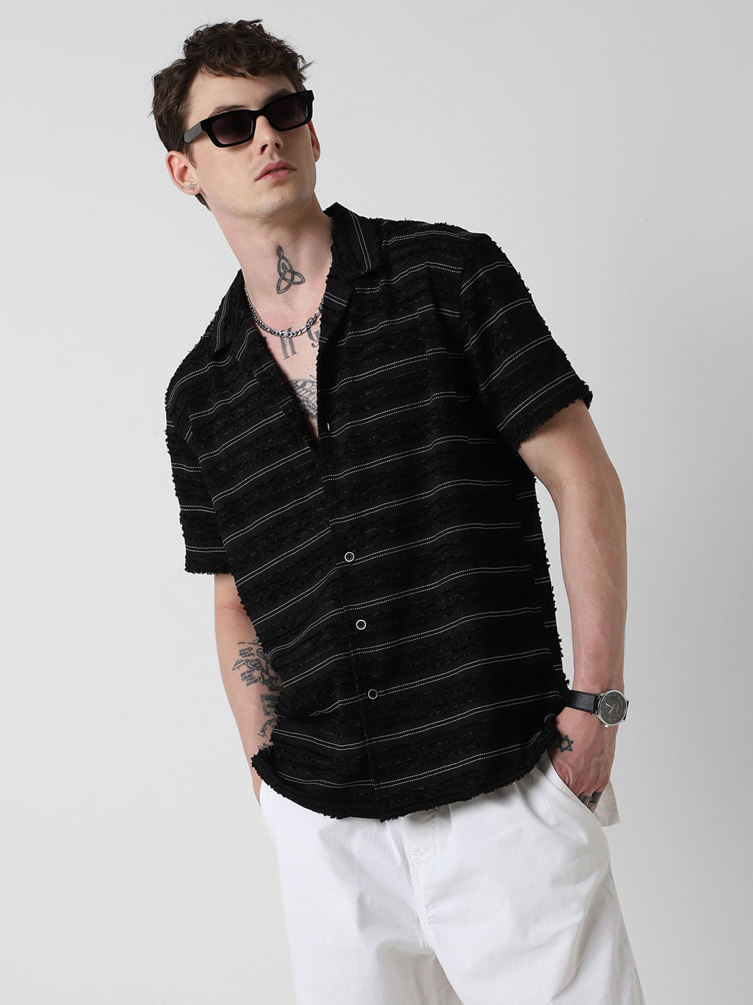 Black Even Stripe Frayed Oversized Shirt