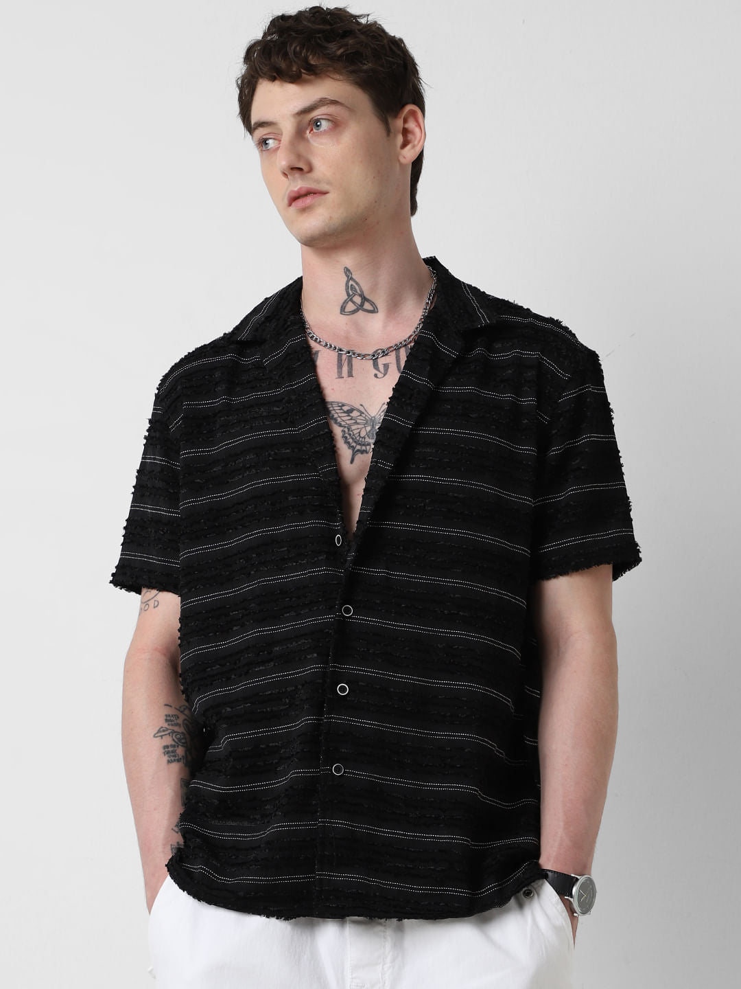 Black Even Stripe Frayed Oversized Shirt