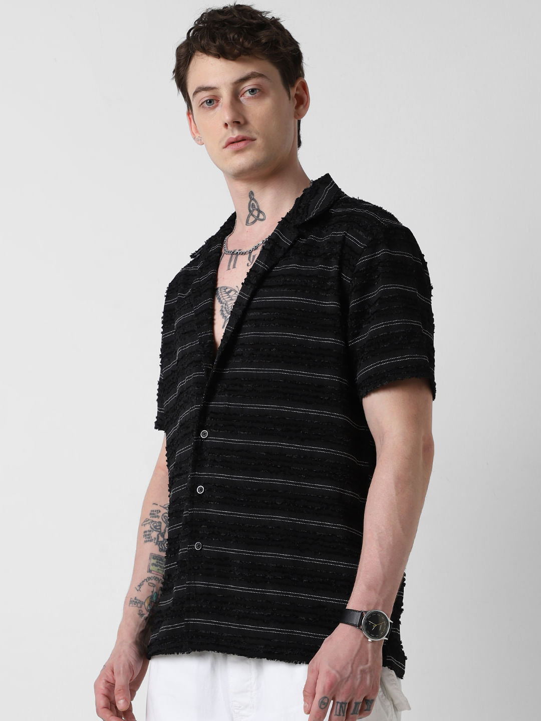 Black Even Stripe Frayed Oversized Shirt