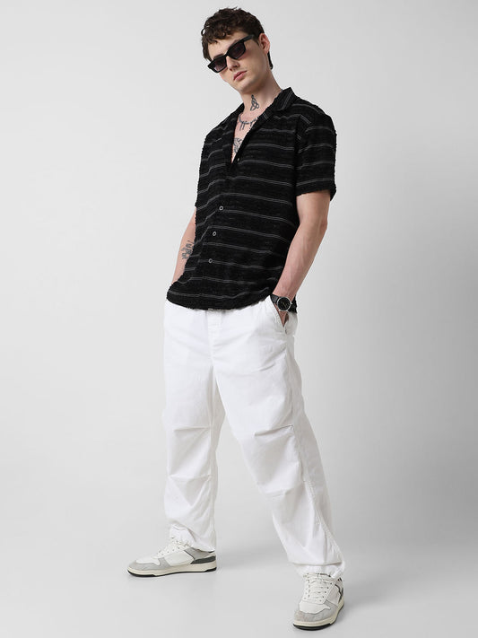 Black Even Stripe Frayed Oversized Shirt