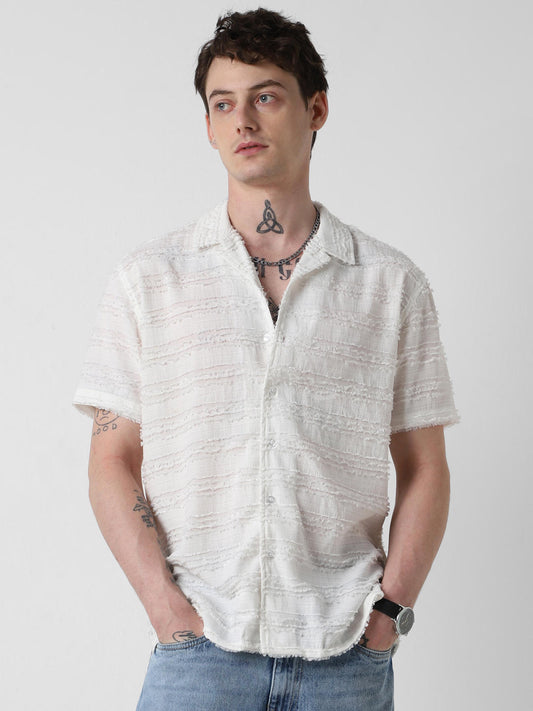 Snow White Textured Frayed Oversized Shirt