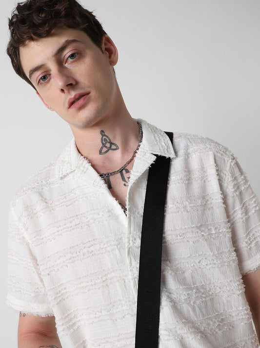 Snow White Textured Frayed Oversized Shirt