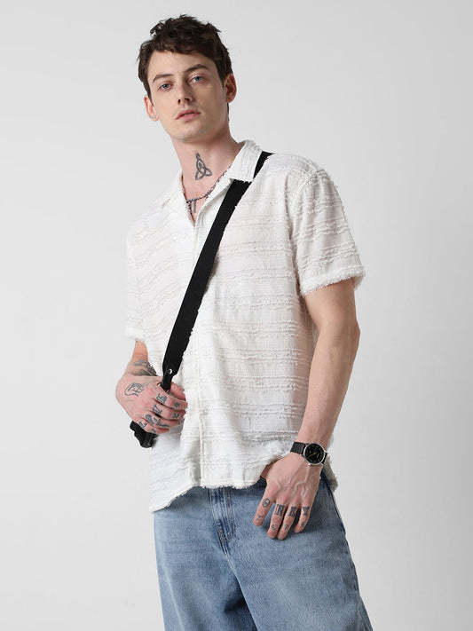 Snow White Textured Frayed Oversized Shirt