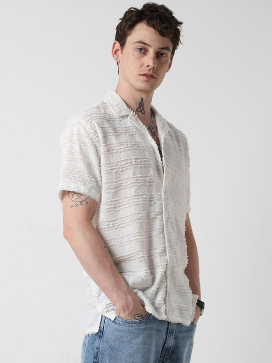 Snow White Textured Frayed Oversized Shirt
