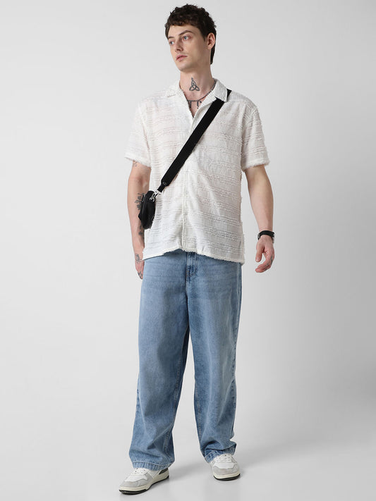 Snow White Textured Frayed Oversized Shirt