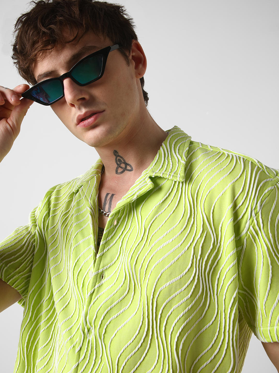 Lime Green Wavy Patterned Oversized Shirt