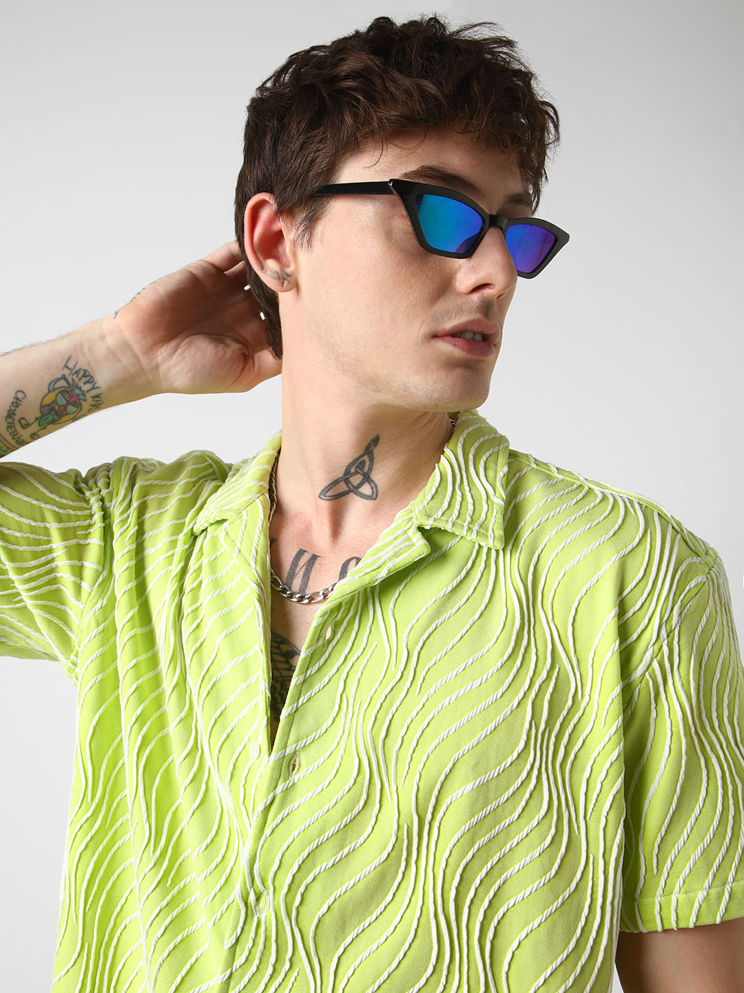 Lime Green Wavy Patterned Oversized Shirt