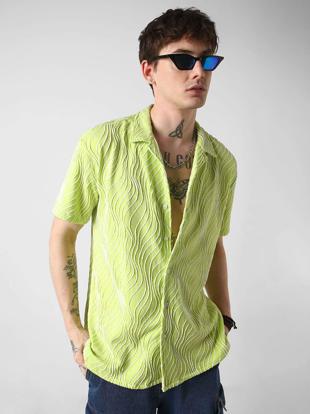 Lime Green Wavy Patterned Oversized Shirt