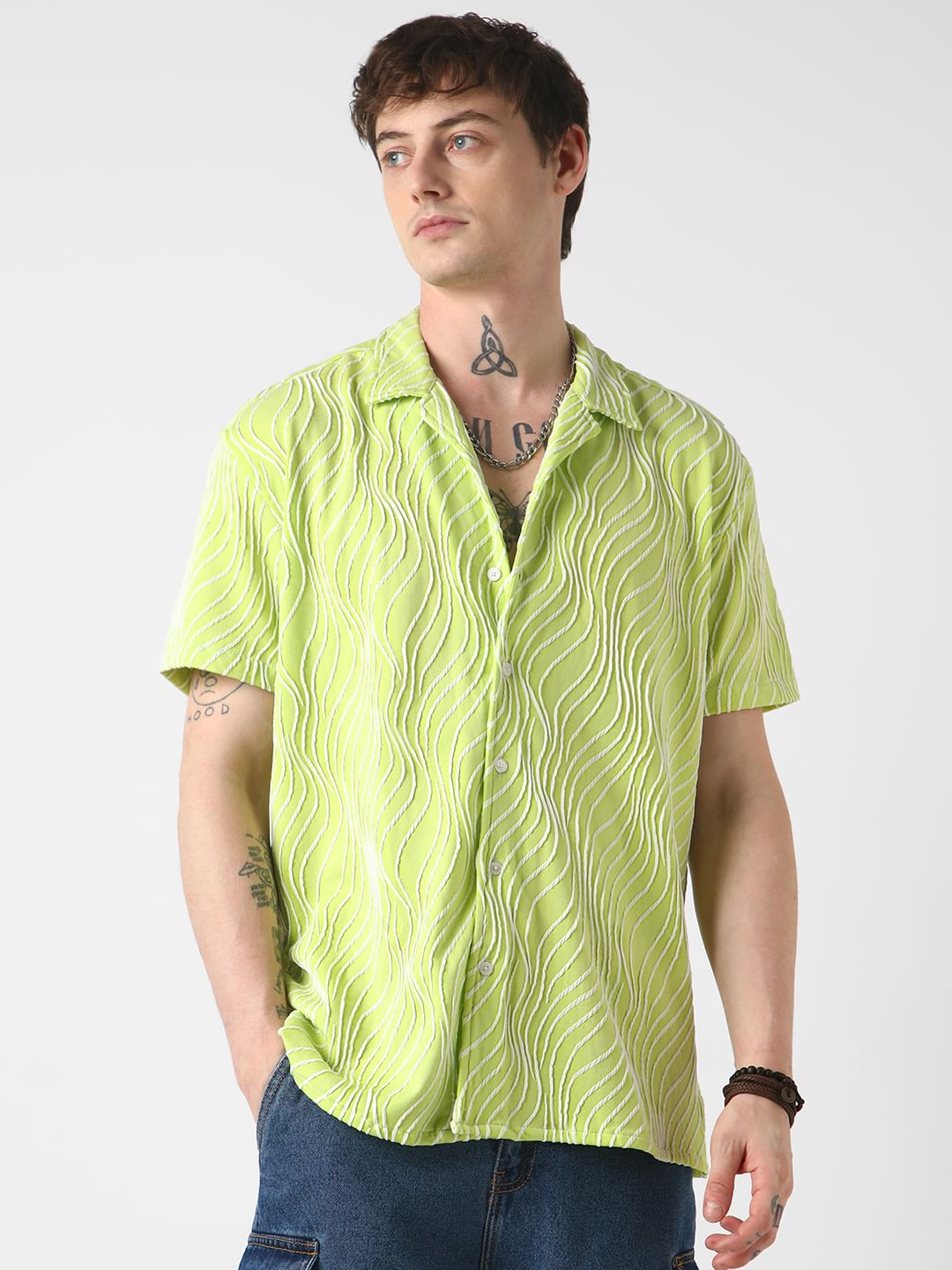 Lime Green Wavy Patterned Oversized Shirt