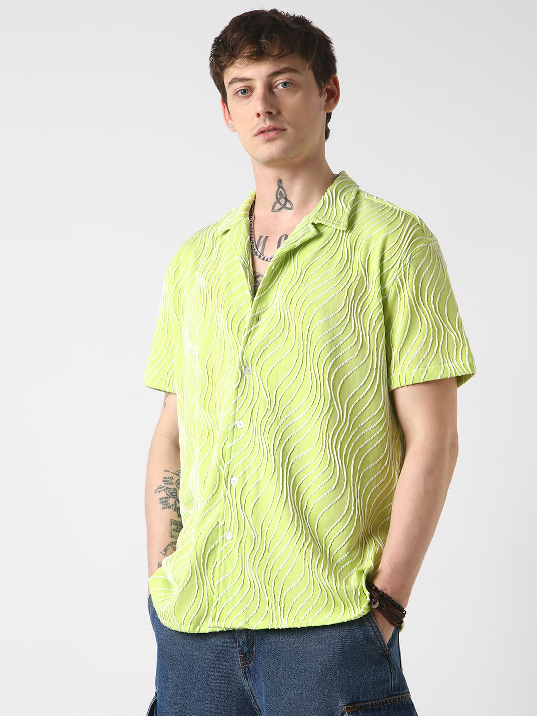 Lime Green Wavy Patterned Oversized Shirt