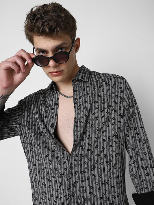 Elegant Black Leafy Striped Shirt