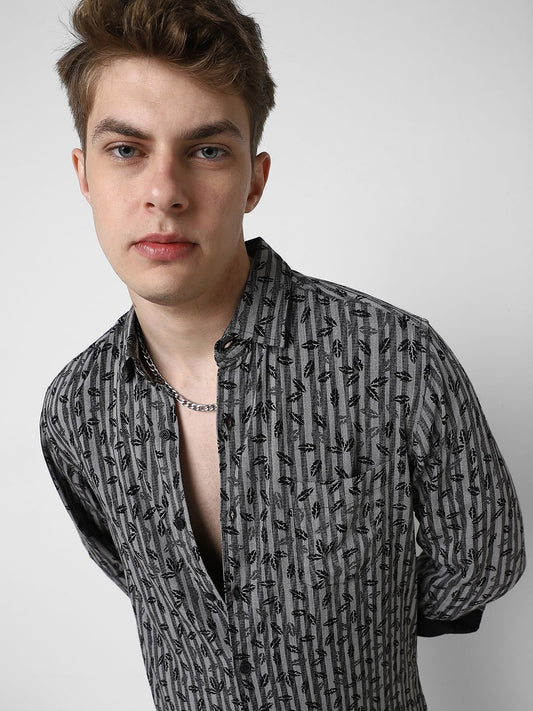 Elegant Black Leafy Striped Shirt