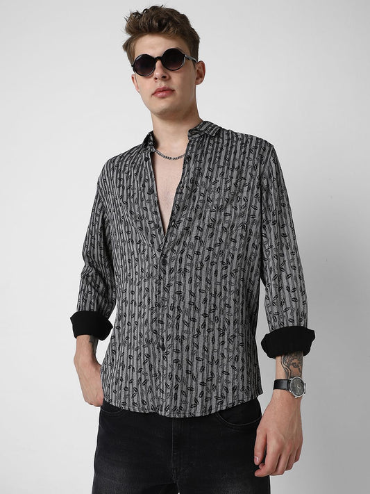 Elegant Black Leafy Striped Shirt