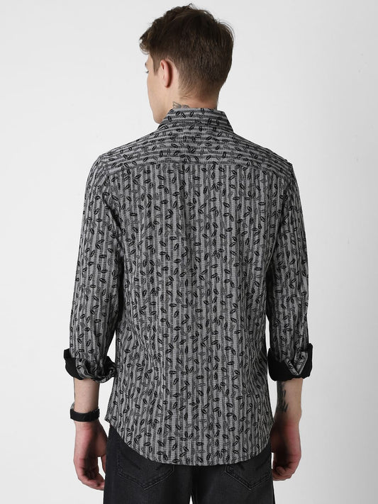 Elegant Black Leafy Striped Shirt