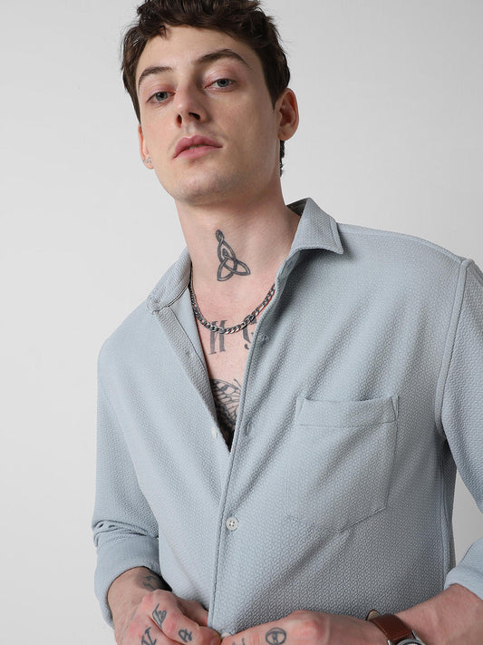 Detailed Turkish Blue Jacquard Shirt