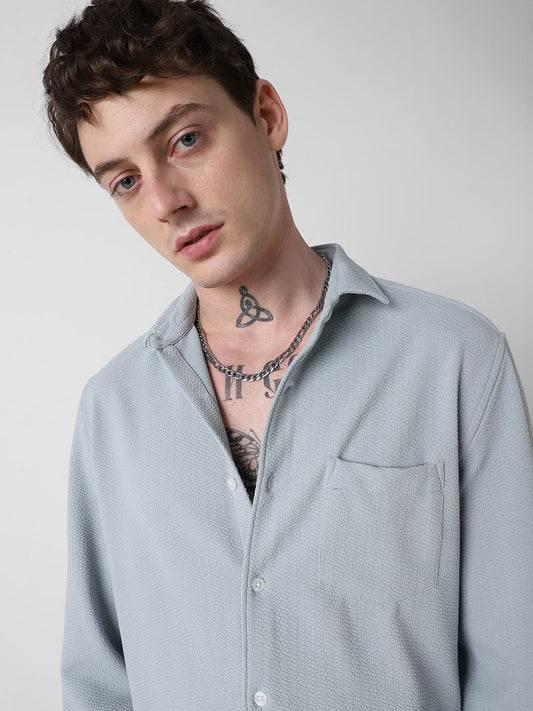 Detailed Turkish Blue Jacquard Shirt