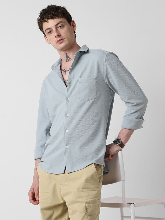 Detailed Turkish Blue Jacquard Shirt